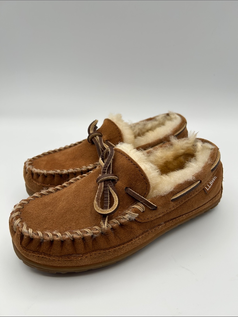 L.L. Bean Kids Chestnut Suede Shearling-Lined Moccasins